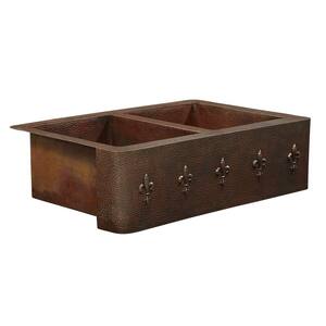 Bernini Farmhouse Apron Front Handmade Pure Solid Copper 36 in. Double Bowl 50/50 Kitchen Sink with Fleur de Lis