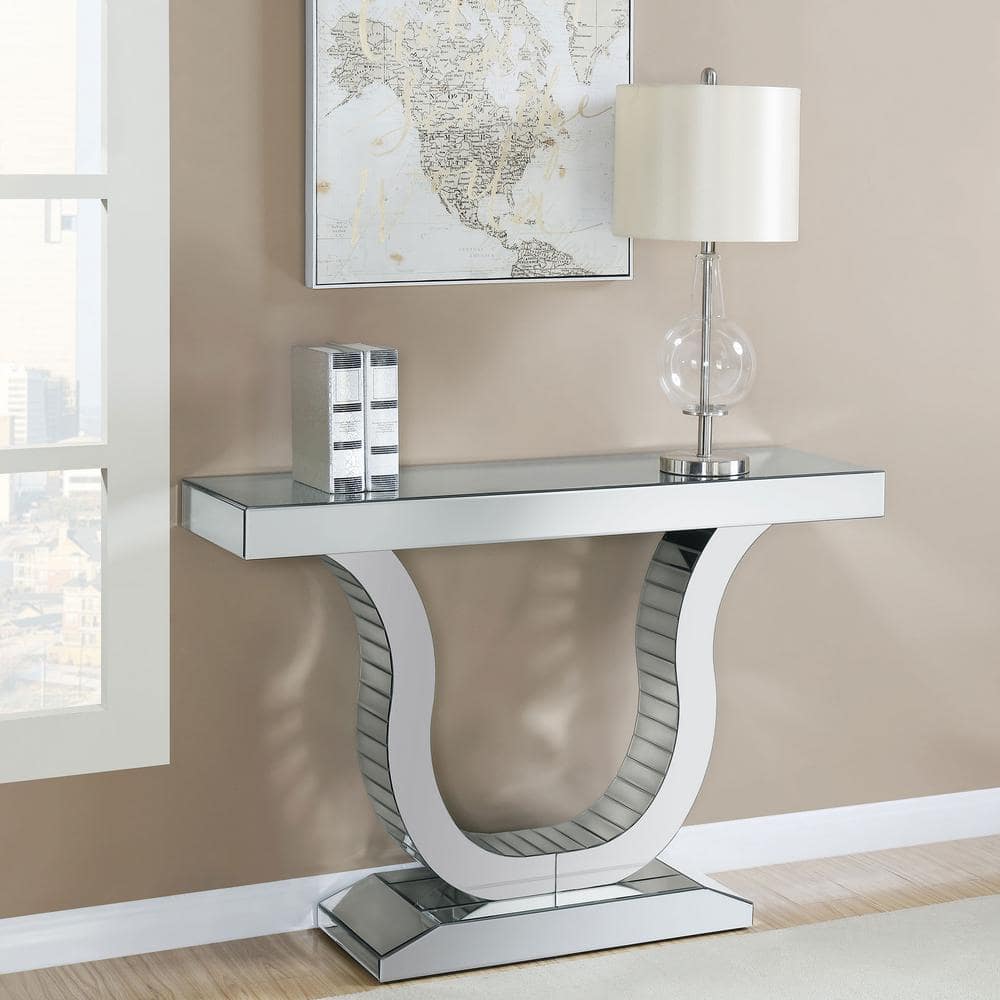 Sleek Silver U-Shaped Metal and Glass Console Table with Mirror Finish