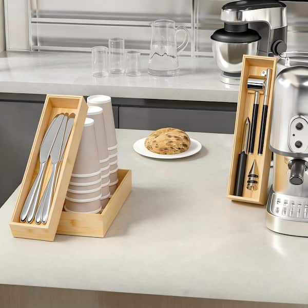 Stackable 2-Compartment Polished Bamboo Multi-Functional Drawer Organizer with Groove Design, Pantry Organizers, Beige