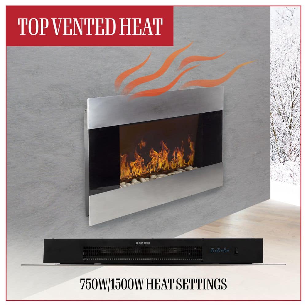 36-Inch Stainless Steel Wall-Mount Electric Fireplace with Remote