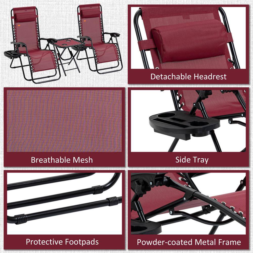 Wine Red Steel Zero Gravity Folding Lounge Chair Set with Cushions