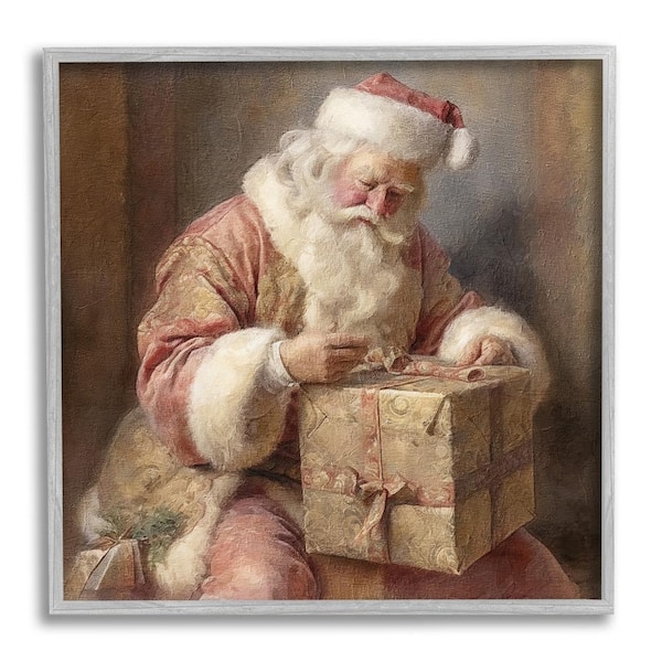 Stupell Industries Vintage Santa Wrapping Gift by Riley B 1 Piece Framed Graphic Print People Poster Art Print 24 in. x 24 in.