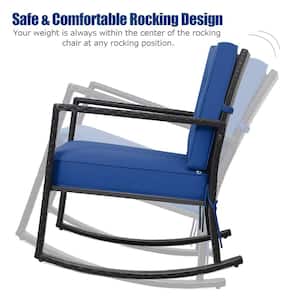 2-Pieces Patio Rattan Rocker Chair Outdoor Glider Rocking Chair Cushion Lawn Navy