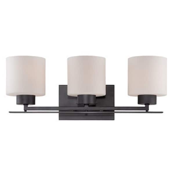 SATCO Parallel 21 in. 3-Light Aged Bronze Vanity Light with Etched Opal Glass Shade