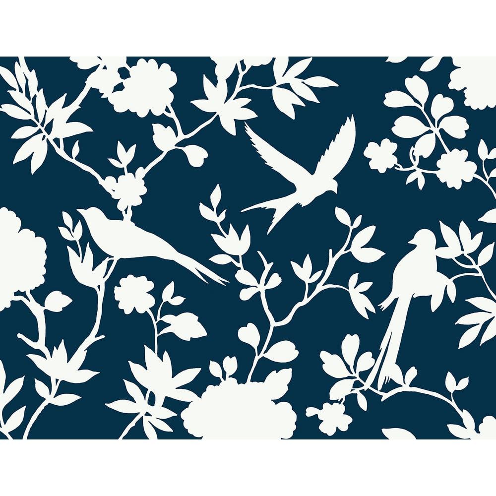 Denim Blue Kauai Bird Toile Embossed Vinyl Wallpaper Roll