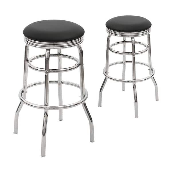 Unbranded 27.5 in. Height Faux Leather Backless Bar Stool with Black Leather Padded Chrome Frame, Set of 2, Black