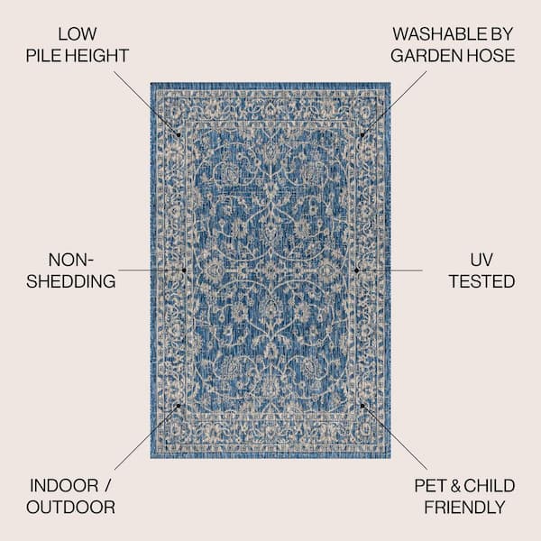 5' X 7' Ivory Or Blue Vines Bordered Uv Treated Indoor Outdoor Area Rug 5' X 7' Ivory Or Blue Vines Bordered Uv Treated Indoor Outdoor Area Rug