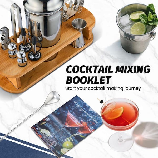Set di 25 shaker da cocktail con supporto in bambù, kit da barman, in acciaio inox, per regali di Natale, casa, bar, feste e viaggi (argento