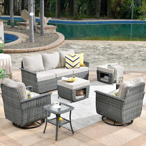 Sierra Black 6-Piece Wicker Pet Friendly Patio Conversation Sofa Set with Swivel Rocking Chairs and Beige Cushions
