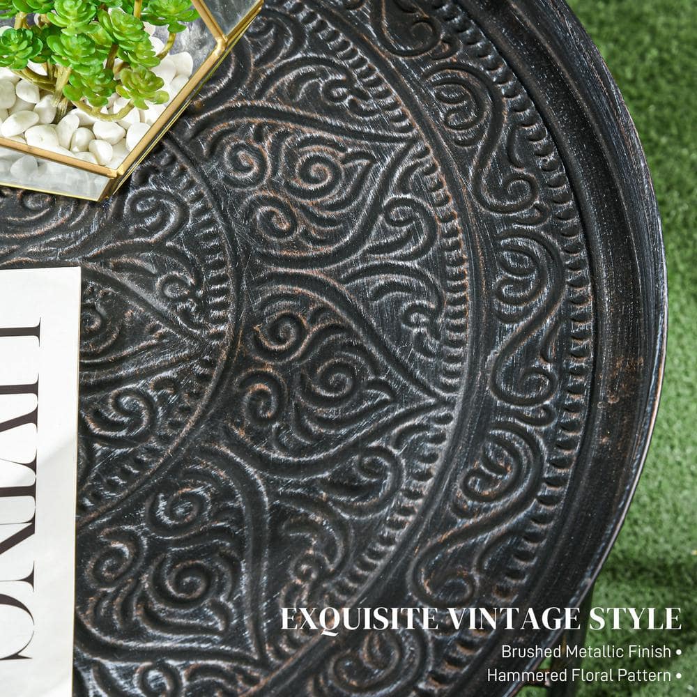 Pewter Round Metal Coffee Table with Hammered Tray Top