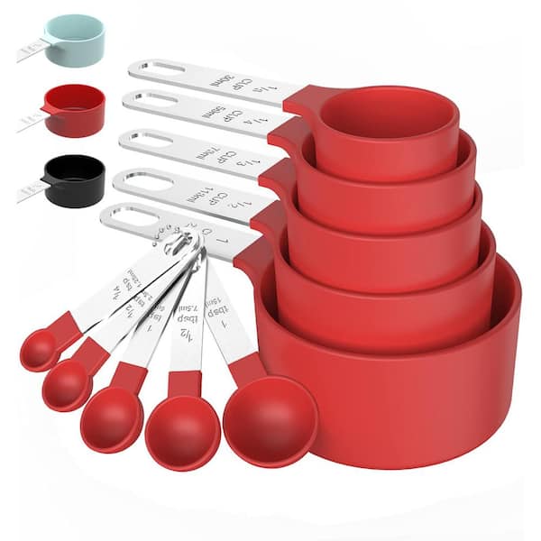 Adrinfly Premium 10-Piece Red Plastic Measuring Cup Set with Stainless Steel Handle