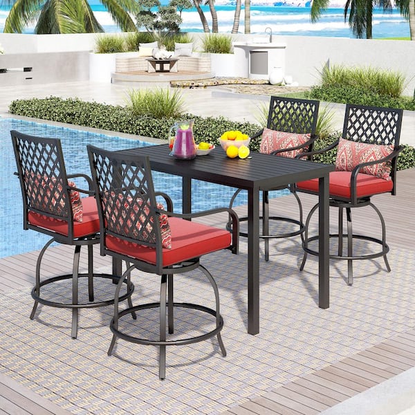PHI VILLA 5-Piece Metal Rectangle Bar Height Outdoor Dining Set with Red Cushions