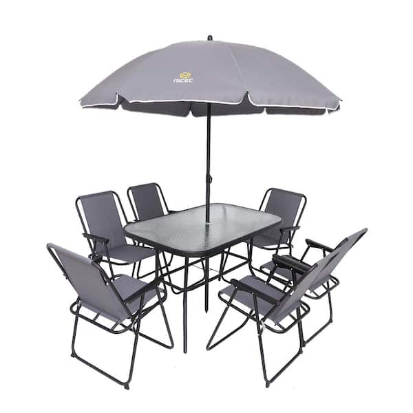 MUKE 8-Piece Outdoor Dining Sets, Patio Furniture Set, Tilted Removable Umbrella, Glass Table, and 6 Folding Chairs