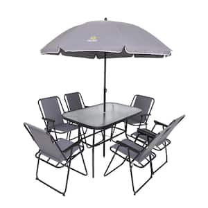 8-Piece Outdoor Dining Sets, Patio Furniture Set, Tilted Removable Umbrella, Glass Table, and 6 Folding Chairs