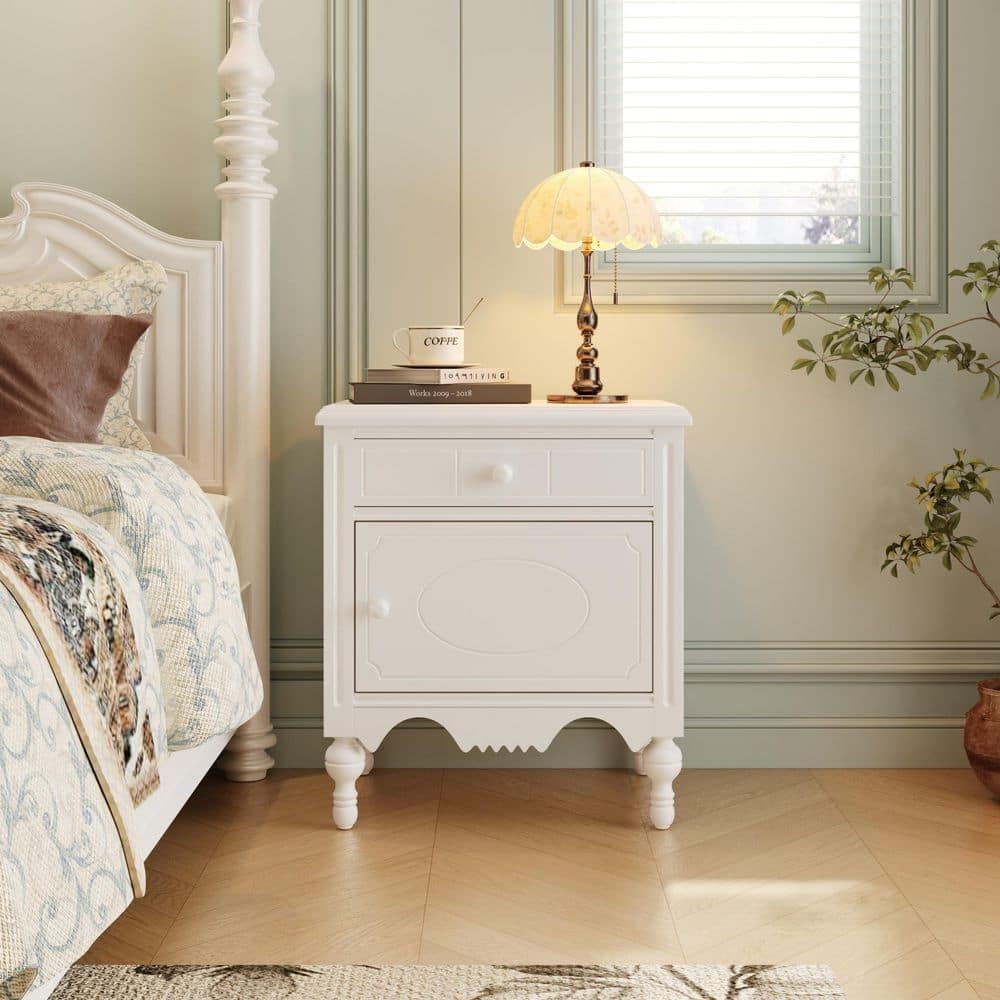 Dalmora Rustic Vintage Ivory White Bedside Table Nightstand with Pattern Carved Drawer and Cabinet, Gourd Legs