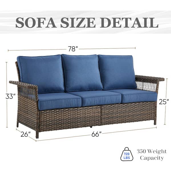 Seagull Series 3-Seat Wicker Outdoor Patio Sofa Couch with Deep Seating and CushionGuard Blue Cushions