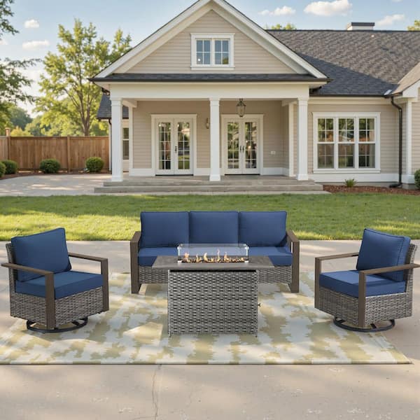 Bellefurn Kove Gray Wicker 4-Piece Patio Conversation Set Outdoor Sectional Seating Set with Firepit Table and Blue Cushion