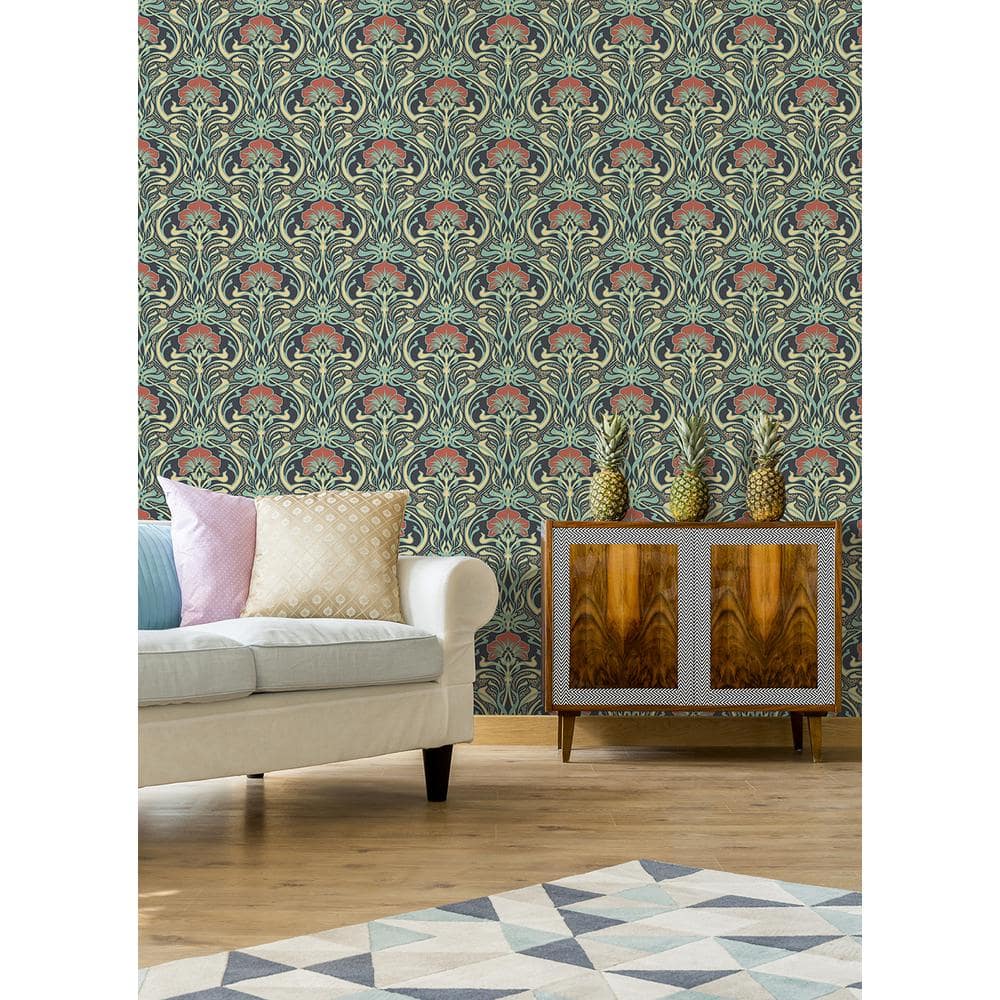 Moss Green and Black Floral Nouveau Wallpaper, 20.5-in by 33-ft