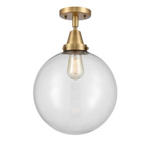 Beacon 12 in. 1-Light Brushed Brass Industrial Flush Mount with Clear Glass Shade