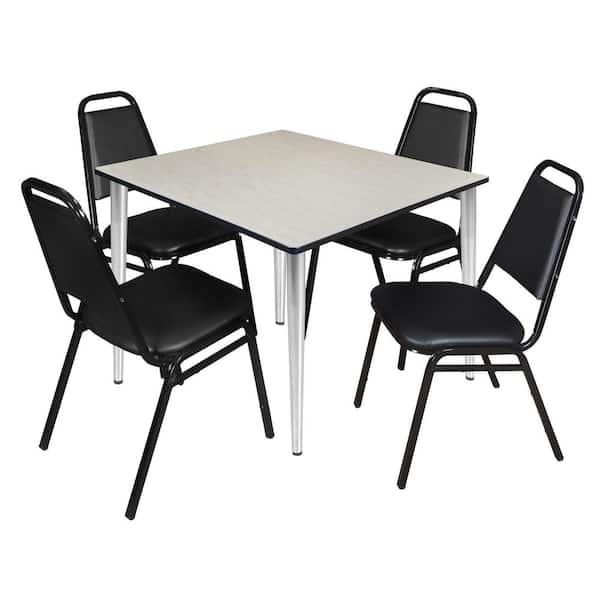 Regency Trueno 48 in. Square Maple and Chrome Wood Breakroom Table and 4-Black Restaurant Stack Chairs (Seats-4)