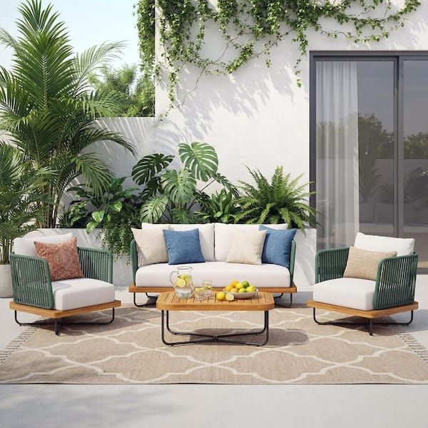 Ayashe 4-Piece Solid Wood Patio Conversation Set with Green Rope and Beige Cushions
