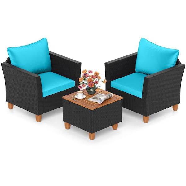 3 Piece Patio Wicker Sofa Set Outdoor Rattan Furniture Set with Side Table Turquoise Cushions