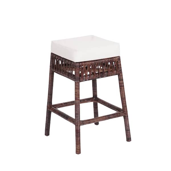 Bali 25.5 in. Bohemian Basics Rattan Backless Counter Stool, White Cushion with Dark Brown Woven Frame