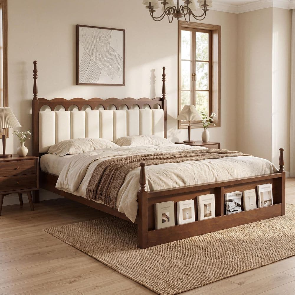 Vintage Brown Wood Frame King Platform Bed with Beige Upholstered Headboard and Turned Posts price history on PriceWatchPro