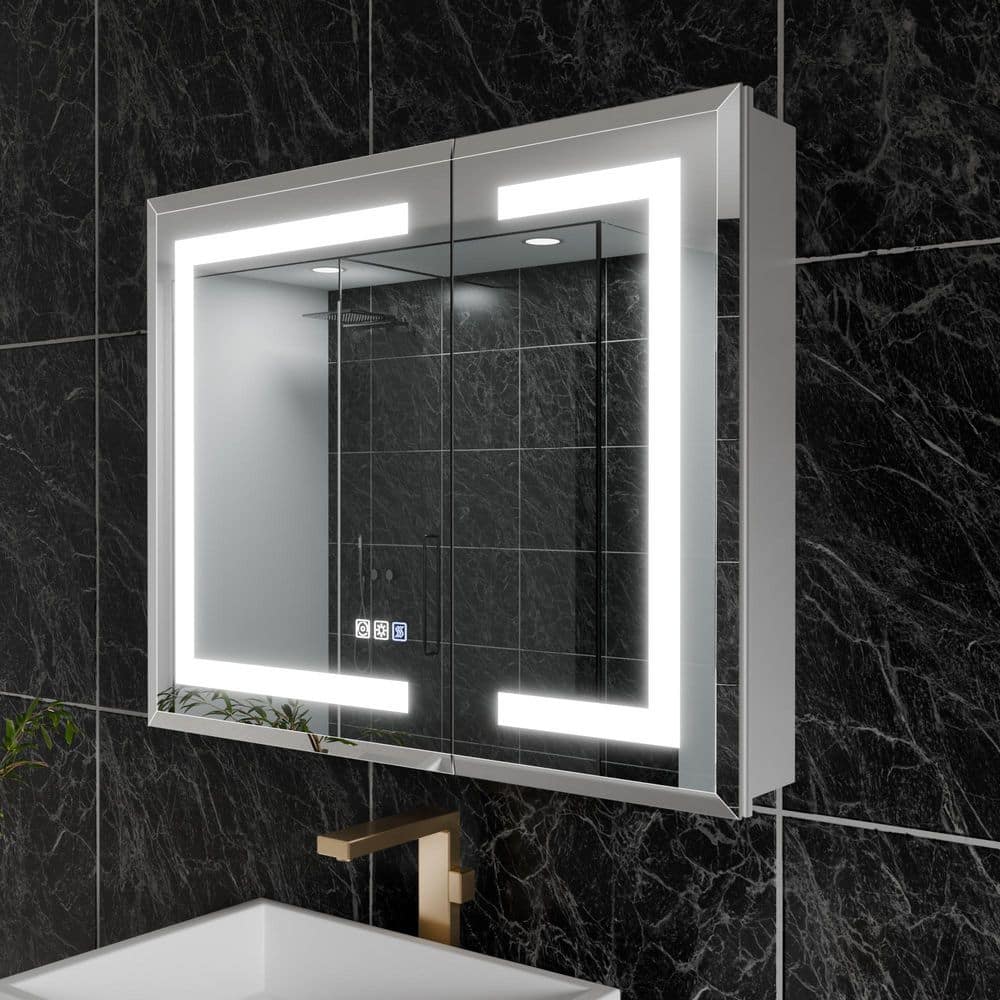 30 in. W x 24 in. H Rectangular Silver Aluminum Beveled Edge Dimmable Medicine Cabinet with Mirror Defogger price history on PriceWatchPro