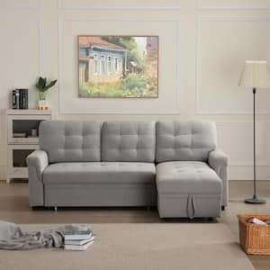 86 in. W Square Arm 1-Piece L-Shaped Fabric Sleeper Sectional Sofa in Gray with Storage