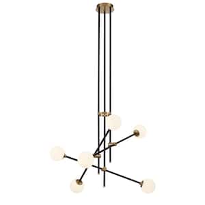 Cosmet 6-Light Black and Aged Brass Chandelier with Etched Opal Glass Shades