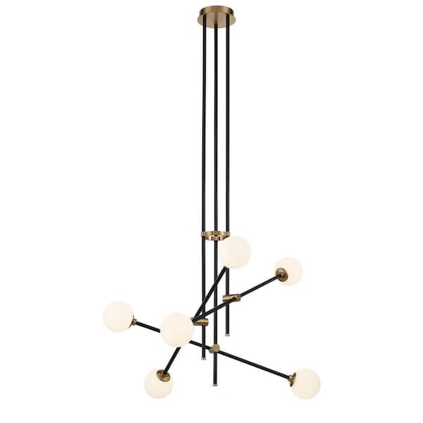 George Kovacs Cosmet 6-Light Black and Aged Brass Chandelier with Etched Opal Glass Shades