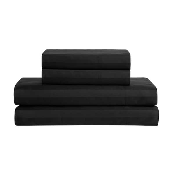 Regal Dreams 4-Piece Jet Black Striped Cotton Queen Deep Pocket Sheet Set