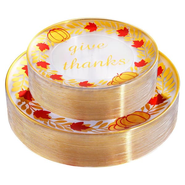 60-Piece Clear Gold Plastic Thanksgiving Dinner Plates Set with Red Stripes for Autumn Party Service