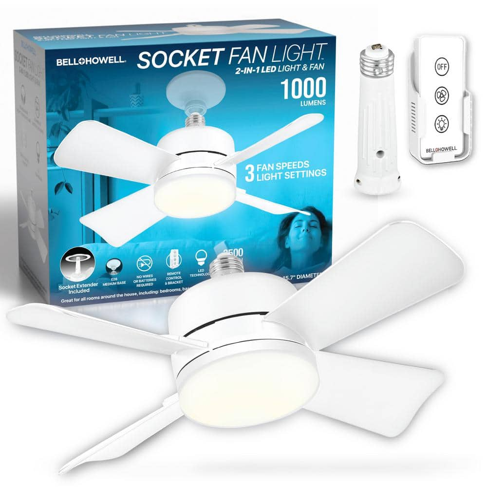 Bell + Howell Socket Fan 15.7 in. Indoor White Socket Ceiling Warm Light Fan with Remote