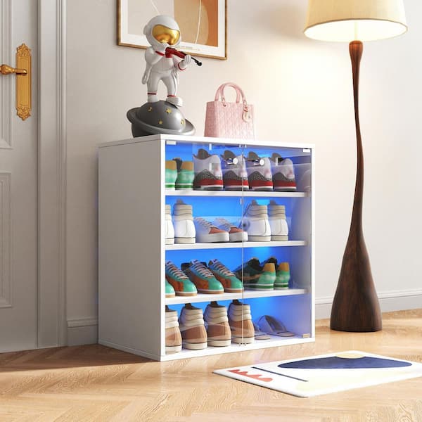 28.35 in. H x 14.76 in. W White LED Shoe Storage Cabinet with Glass Doors & Dust Protection