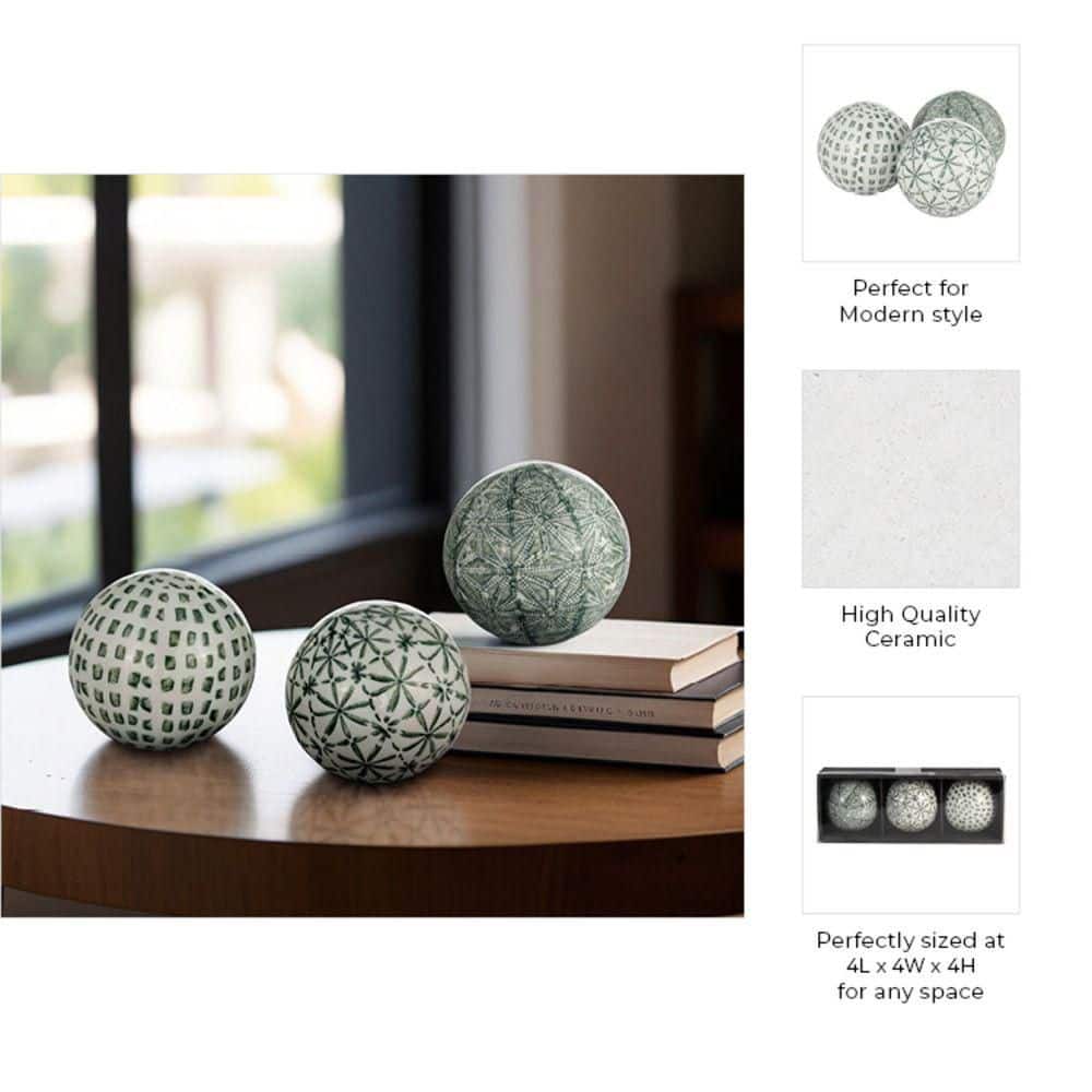 Set of 3 Green and White Ceramic Decorative Orbs