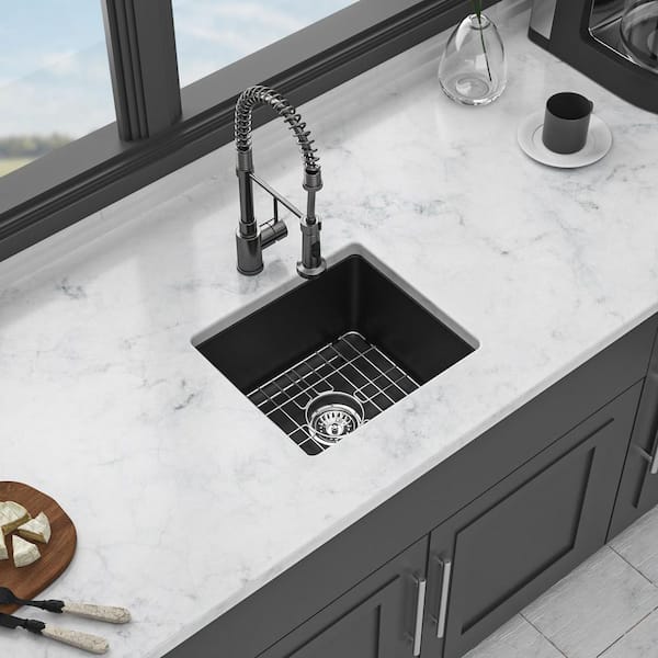 18 in. Undermount Single Bowl Black Quartz Kitchen Sink with Bottom Grids, Drain Board