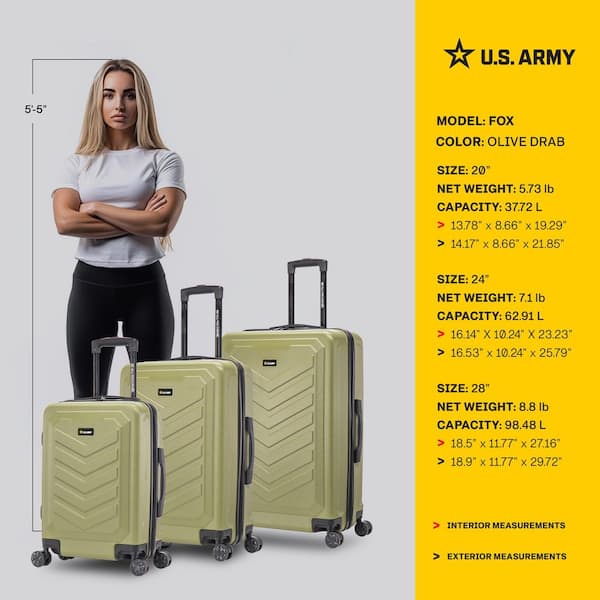 US ARMY U.S. Army FOX 3-Piece Luggage Set 20”/24”/28” Olive Drab