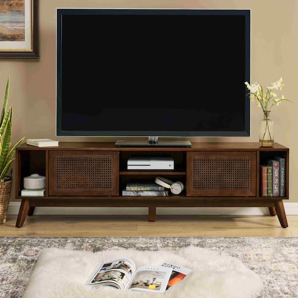 Polibi Walnut Brown TV Stand Fits TV's Up to 75 in. with Solid Wood Feet and Rattan Cabinet Doors