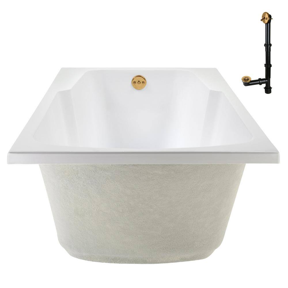 72'' Glossy White Acrylic Soaking Drop-In Bathtub with Brushed Gold Hardware