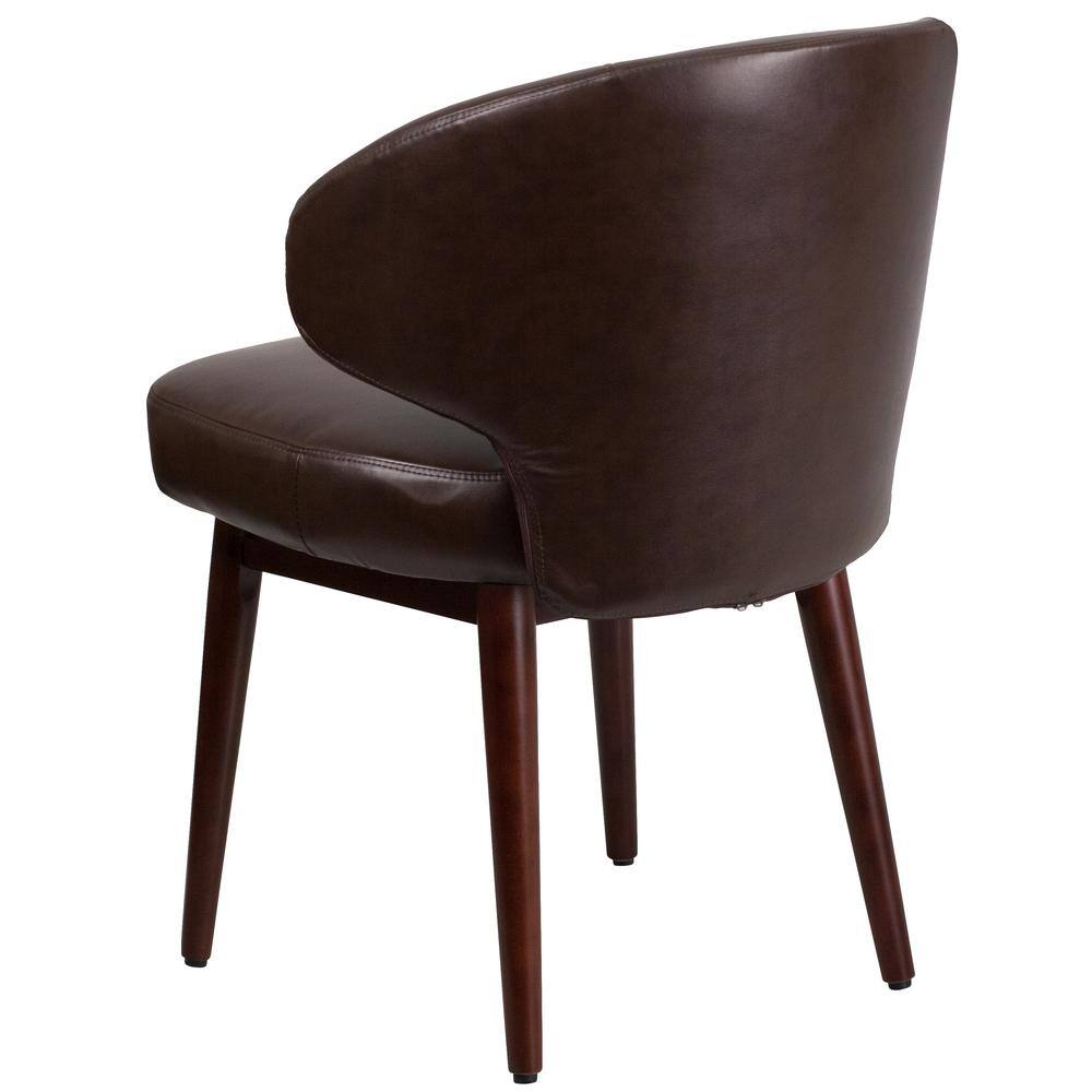 Brown faux leather side chair shown from the side.