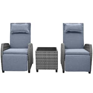 3-Piece Wicker Outdoor Chaise Lounge, Adjustable Rattan Chairs with Coffee Table and Gray Cushions For Patio or Indoor