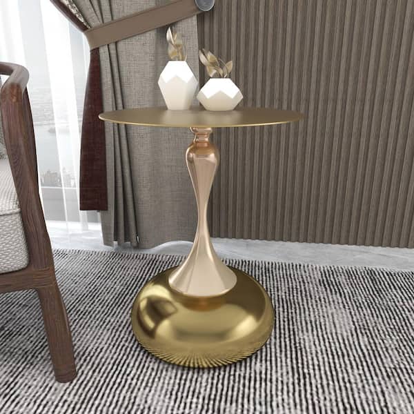 Modern Wide Side Table with Gold Stainless Steel Top Round 17.7 in. Table and Pedestal Base Savoy Series in Shiny Gold