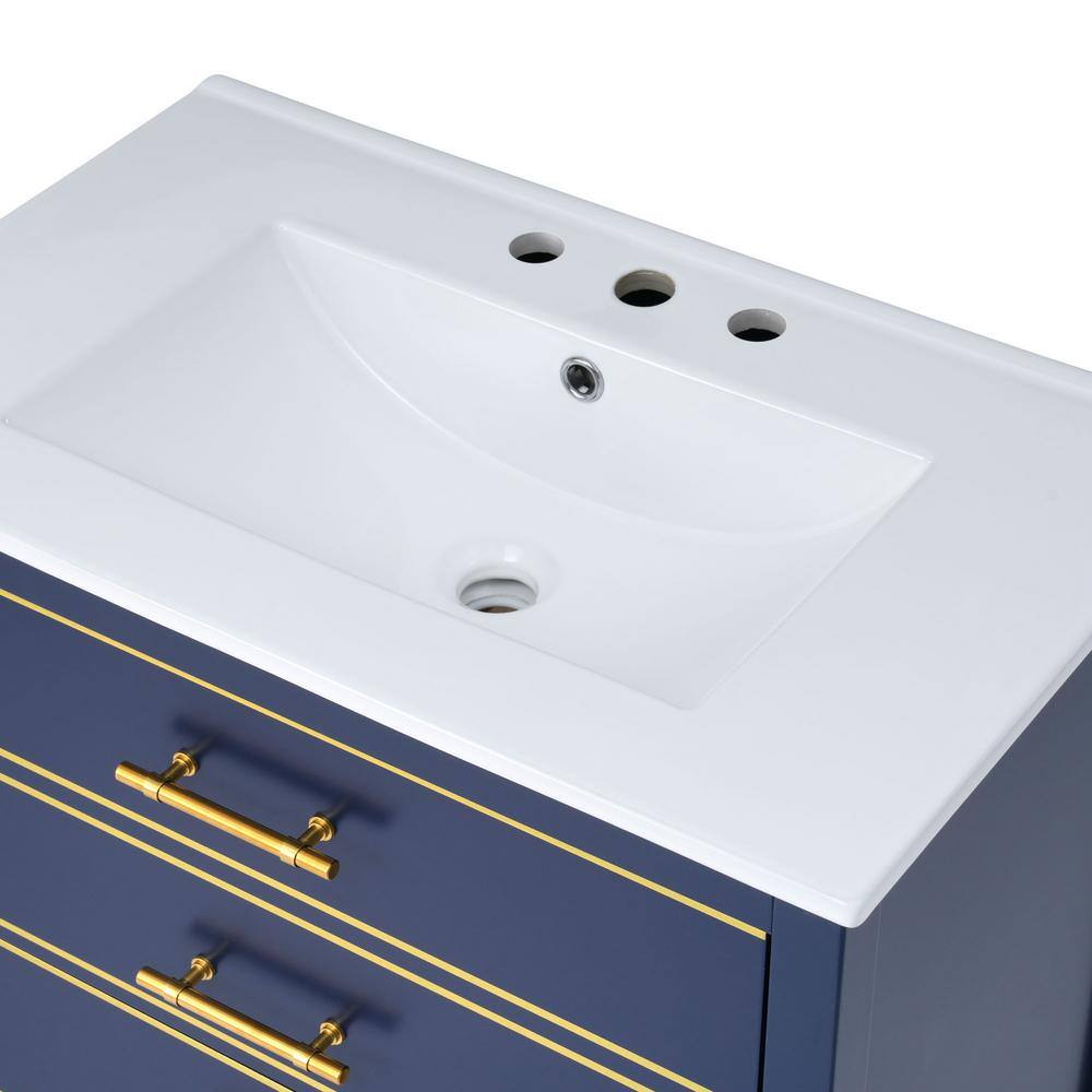 30" Blue Wood Freestanding Vanity with White Ceramic Top and Gold Accents