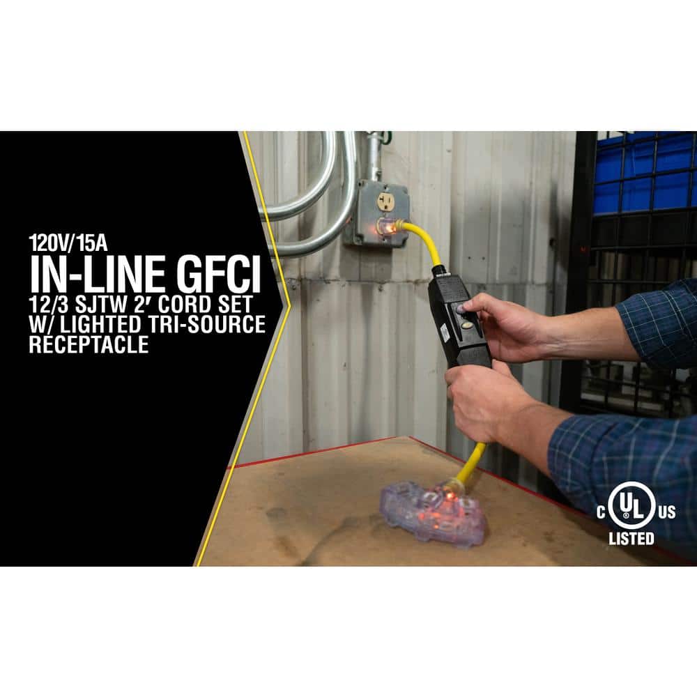 Yellow 2 ft. Triple Outlet Cord with GFCI and Lighted Power Block
