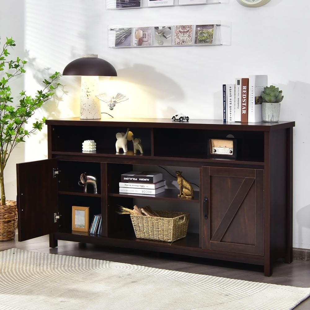 Coffee Brown 59'' Wood TV Stand with Fireplace Cabinet