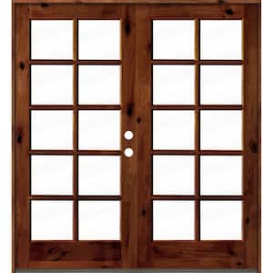 72 in. x 80 in. French Knotty Alder Wood 10-Lite Clear Glass Red Chestnut Stain Left Active Double Prehung Front Door