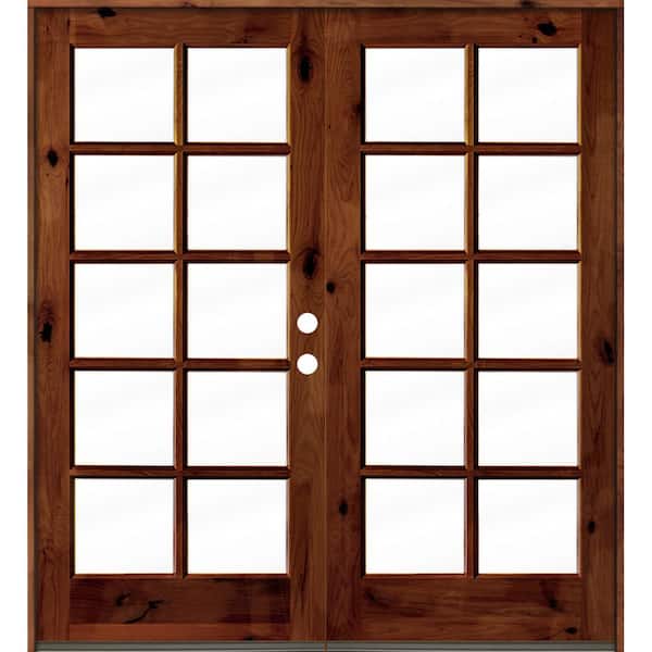 Krosswood Doors 72 in. x 80 in. French Knotty Alder Wood 10-Lite Clear Glass Red Chestnut Stain Left Active Double Prehung Front Door