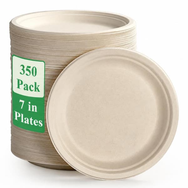 7 In. 100-Percent Compostable Bagasse Sugarcane Fiber Heavy-Duty Eco-Friendly Paper Plates (Set of 350)
